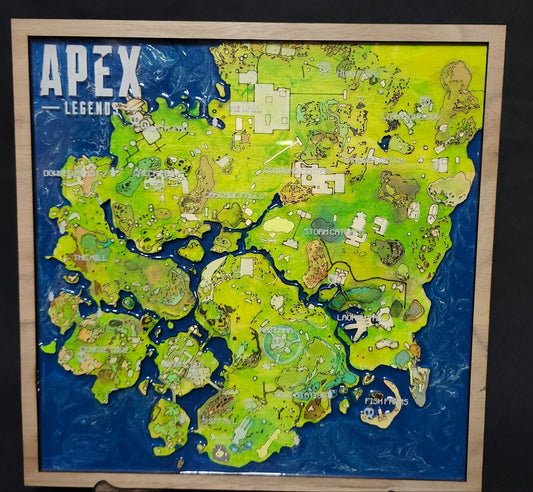 Handmade wooden map of Apex Legends game, featuring various colors representing different terrains and landmarks from the game.
